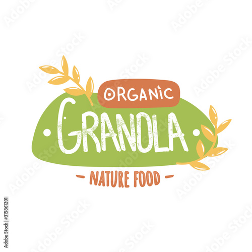 Granola organic nature food logotype. Handwritten granola word on green background and orange wording with oat spikes.
