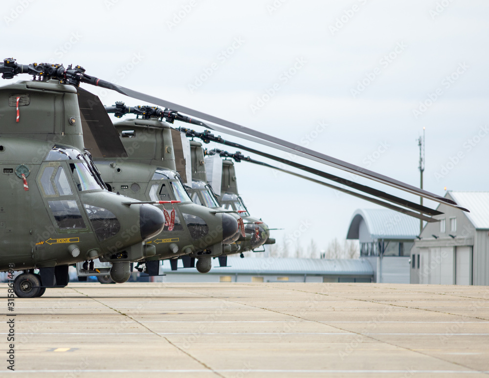 Boeing CH47 Chinook. Four heavy lift helicopters on parade. Boeing CH47 Chinook. Four heavy lift helicopters on parade.