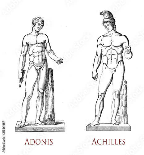 Greek male beauty: musculature and grace of the male form as in the classical statues of Adonis mortal lover of the goddess Aphrodite and Achilles hero of the Trojan War