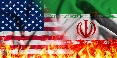 National flag of the United States with Iran on a waving cotton with a fire texture 