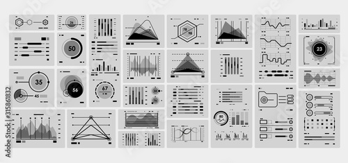 Network management data dashboard with black and white elements. Technology graphics and diagram with options and workflow charts. Web Application Data Infographic UI UX.