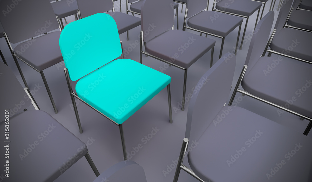 Fototapeta premium Concept or conceptual blue armchair standing out in a conference room as a metaphor for leadership, vision and strategy. A 3d illustration of individuality, creativity and achievement