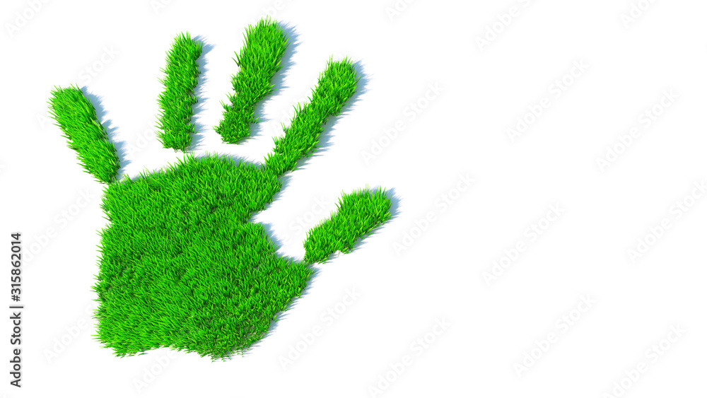 Concept or conceptual green grass handprint isolated on white background. A metaphor for ecology, environment, recycle, nature conservation, pring or protection against global warming 3d illustration Concept or conceptual green grass handprint isolated on white background. A metaphor for ecology, environment, recycle, nature conservation, pring or protection against global warming 3d illustration