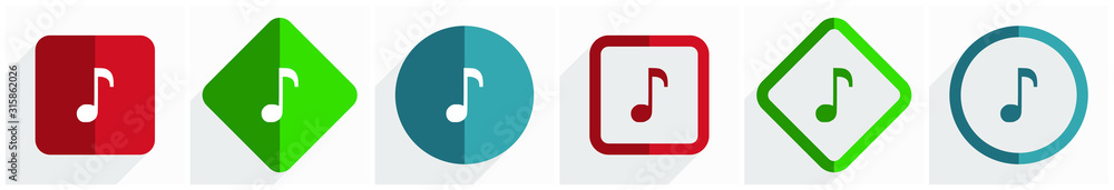 Music icon set, flat design vector illustration in 6 options for webdesign and mobile applications in eps 10 Music icon set, flat design vector illustration in 6 options for webdesign and mobile applications in eps 10