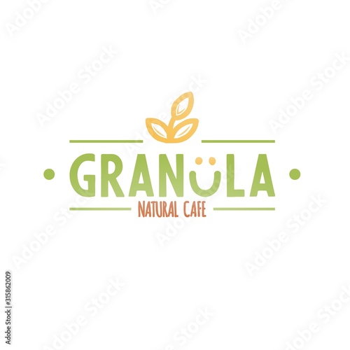 Granola natural cafe logotype. Bold green granola caption and orange wording signboard with smile and oat spike.