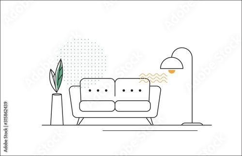 Vector Line Illustration with Sofa, Floor Lamp and Flower.
