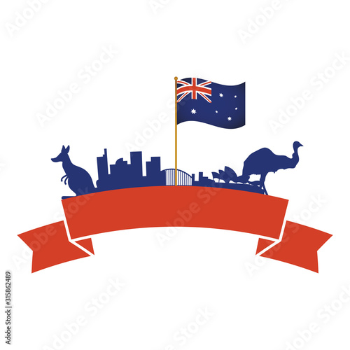 australian country flag in pole with animals and monuments