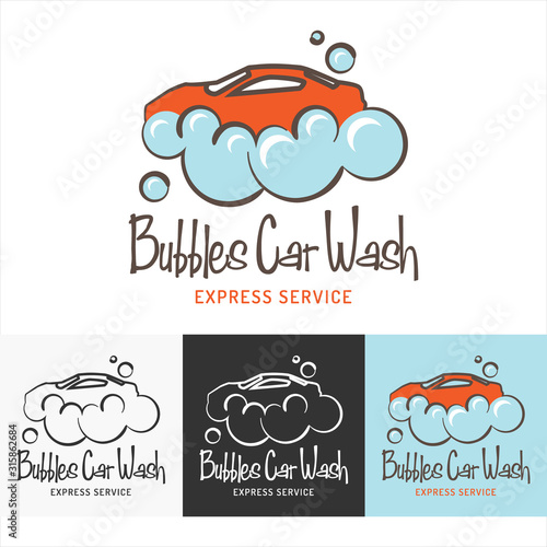 Bubbles Car Wash Logo Template. A green car submerged in bubbles, wheels are replaced by two bubbles too. The bubbles can be seen as a cloud too.