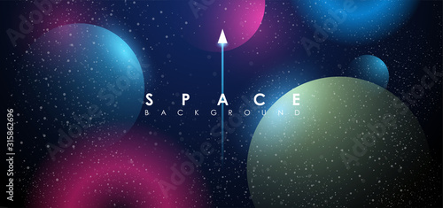 Creative space background with abstract shape and planets. Colorful space poster with text template. Vector infinite Galaxy background.