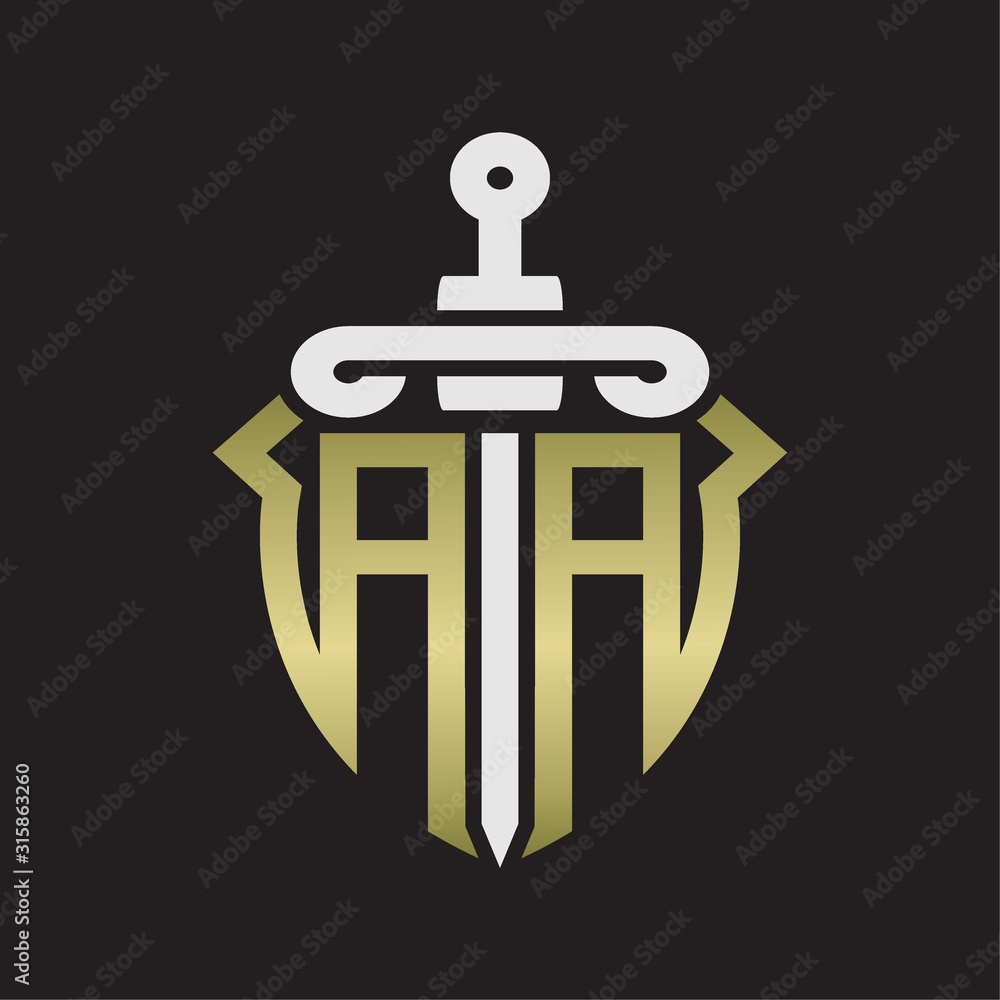 AA Logo monogram with sword and shield combination isolated with gold colors AA Logo monogram with sword and shield combination isolated with gold colors