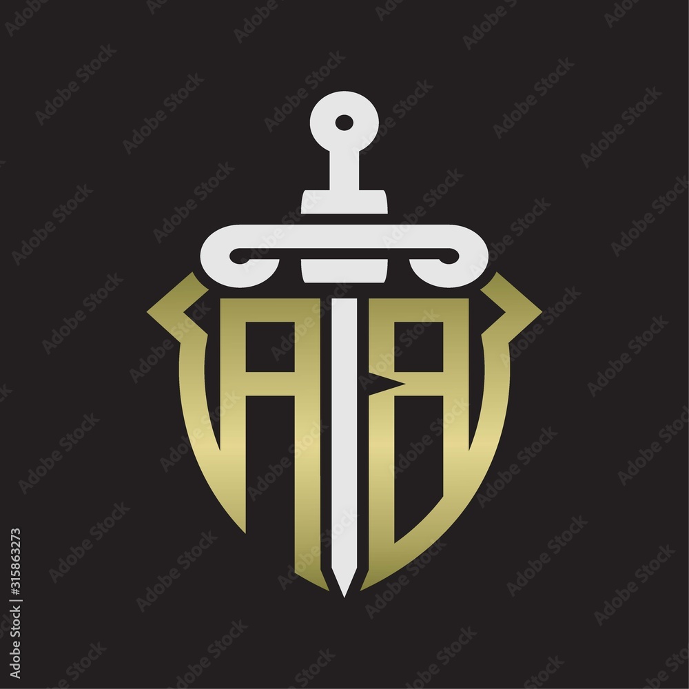 AB Logo monogram with sword and shield combination isolated with gold colors AB Logo monogram with sword and shield combination isolated with gold colors