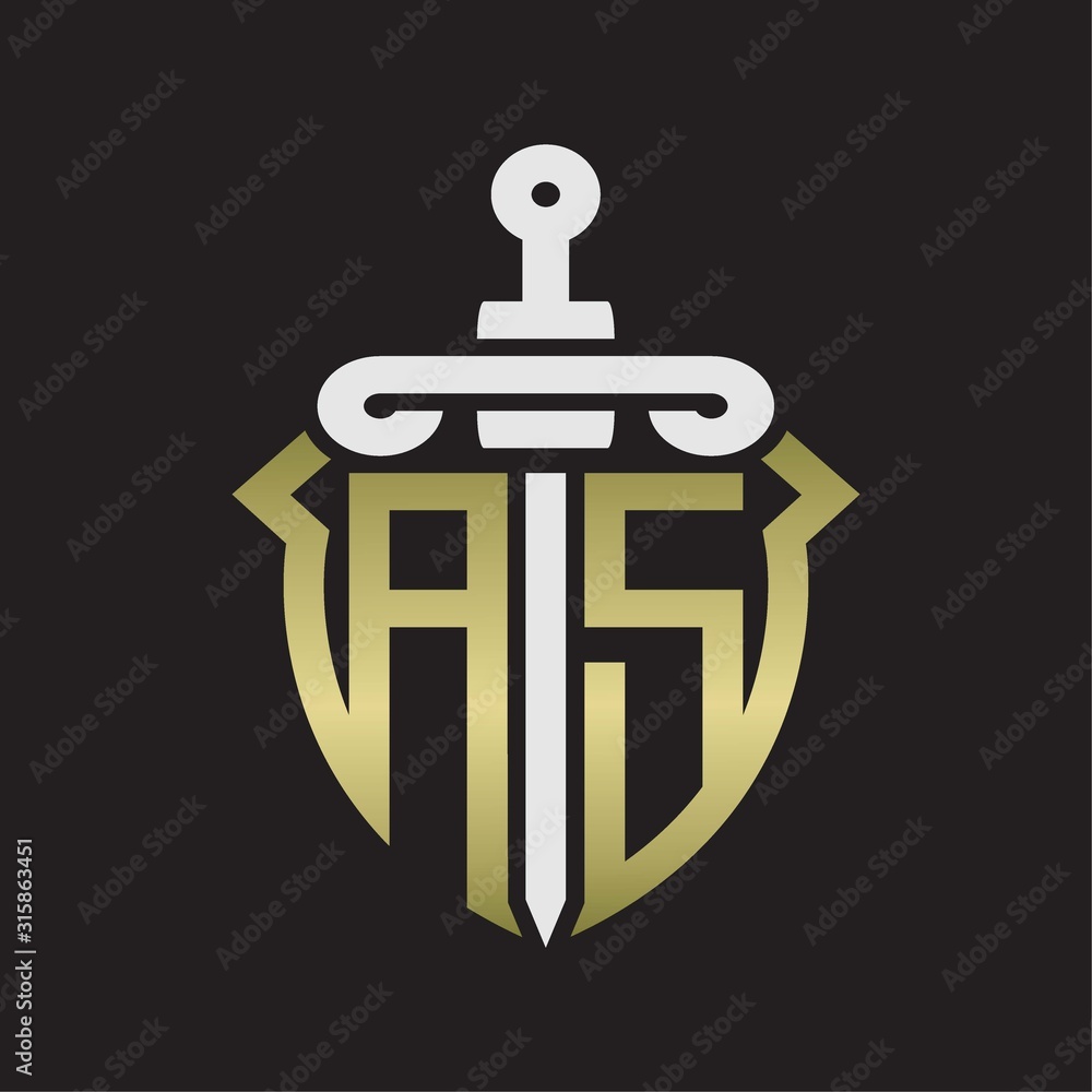 AS Logo monogram with sword and shield combination isolated with gold colors AS Logo monogram with sword and shield combination isolated with gold colors