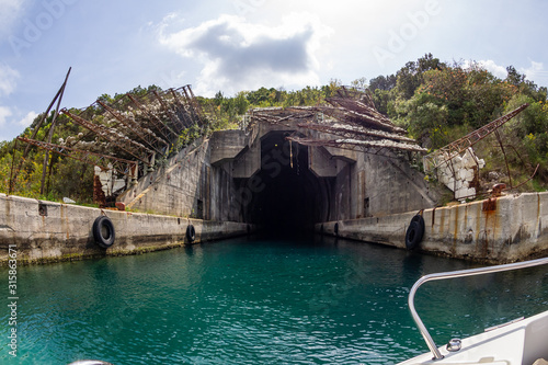 Fortified rock entrance for sheltering submarines in the Kotor Bay of the Adriatic