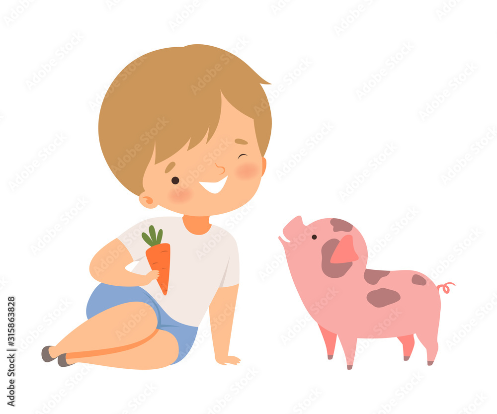 Little Boy Holding Carrot to Feed His Pig Pet Vector Illustration Little Boy Holding Carrot to Feed His Pig Pet Vector Illustration