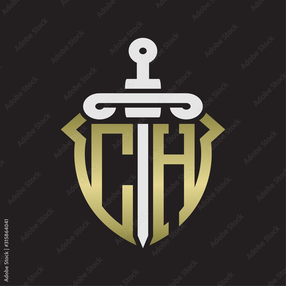 CH Logo monogram with sword and shield combination isolated with gold colors CH Logo monogram with sword and shield combination isolated with gold colors