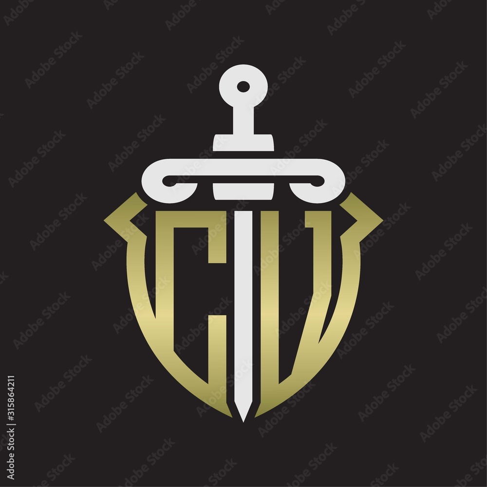 CV Logo monogram with sword and shield combination isolated with gold colors CV Logo monogram with sword and shield combination isolated with gold colors