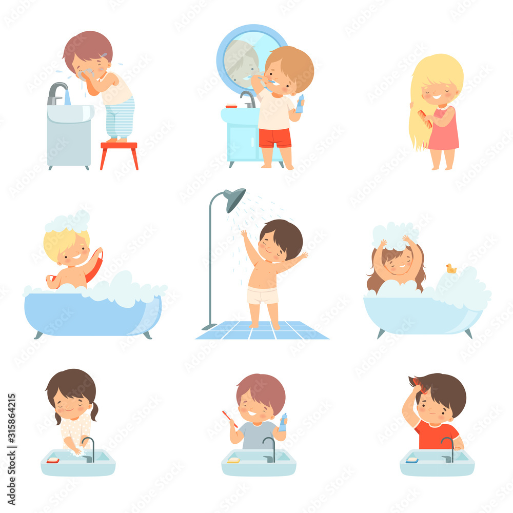 Children Taking Bath and Washing Themselves Vector Illustrations Set. Little Girl Brushing Her Hair and Boy Washing His Face Children Taking Bath and Washing Themselves Vector Illustrations Set. Little Girl Brushing Her Hair and Boy Washing His Face