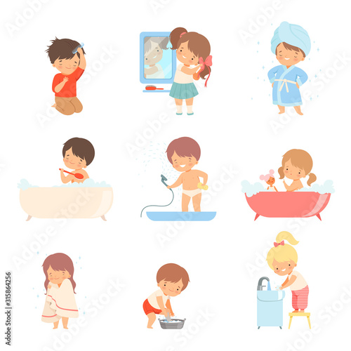 Children Taking Bath and Washing Themselves Vector Illustrations Set. Little Girl Washing Up Her Face and Boy Brushing His Hair