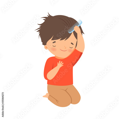 Little Boy Brushing His Wet Hair with Comb Vector Illustration
