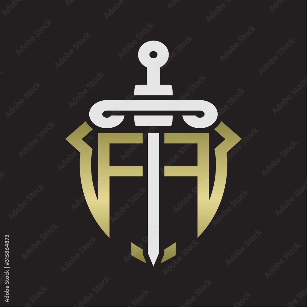 FF Logo monogram with sword and shield combination isolated with gold colors FF Logo monogram with sword and shield combination isolated with gold colors