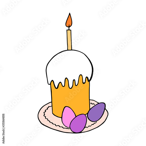 Colorful Easter cake isolated on white background. Hand drawn Happy Easter symbol. Paschal cake with candle on plate. Holiday sweet food. Doodle style. Vector stock illustration.