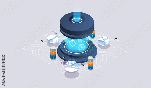 Data center server room concept. Concept of big data processing, energy station of future. Tech visualization concept. 3d isometric vector illustration.