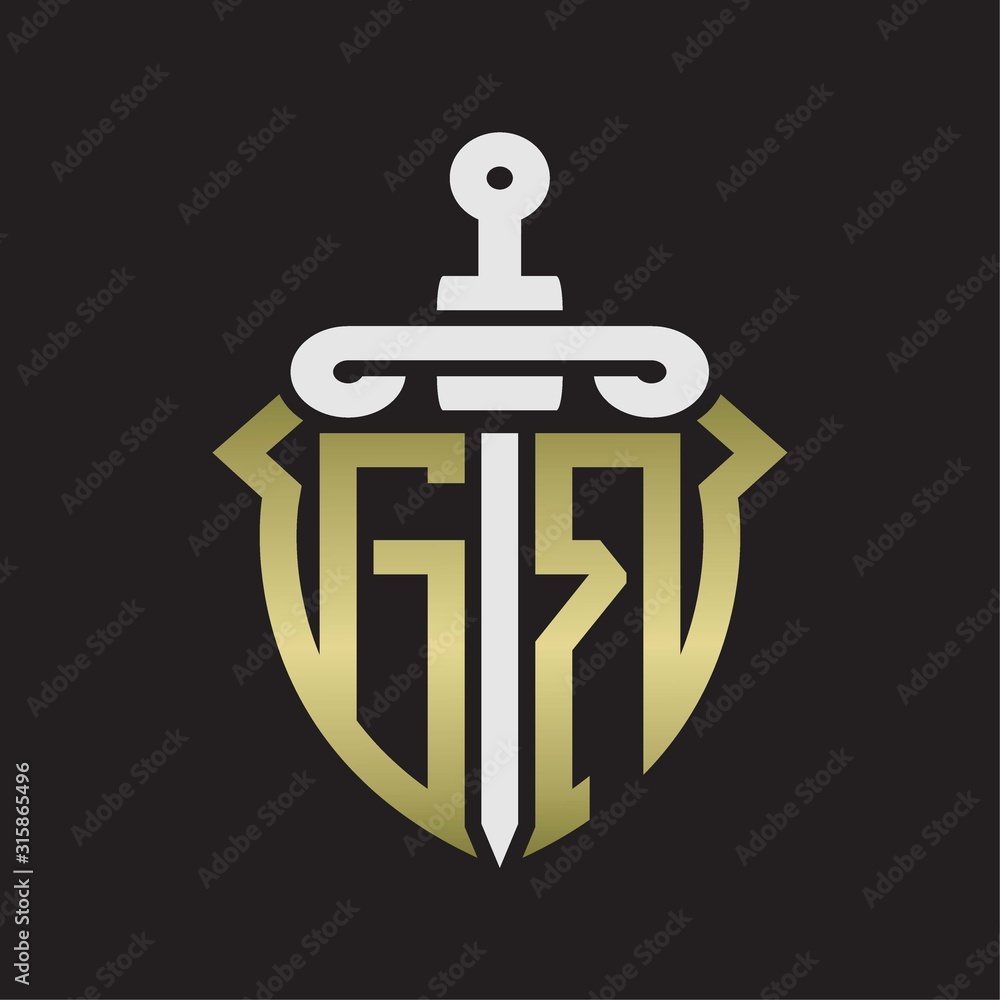 GR Logo monogram with sword and shield combination isolated with gold colors GR Logo monogram with sword and shield combination isolated with gold colors