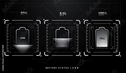 Vector battery symbol set different level of charge for ui. Accumulator indicator with Futuristic HUD elements.