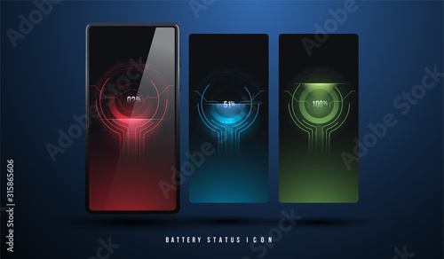 Battery charge level indicators for smartphon UI. Discharged and fully charged battery smartphone. Indicator with futuristic HUD elements.