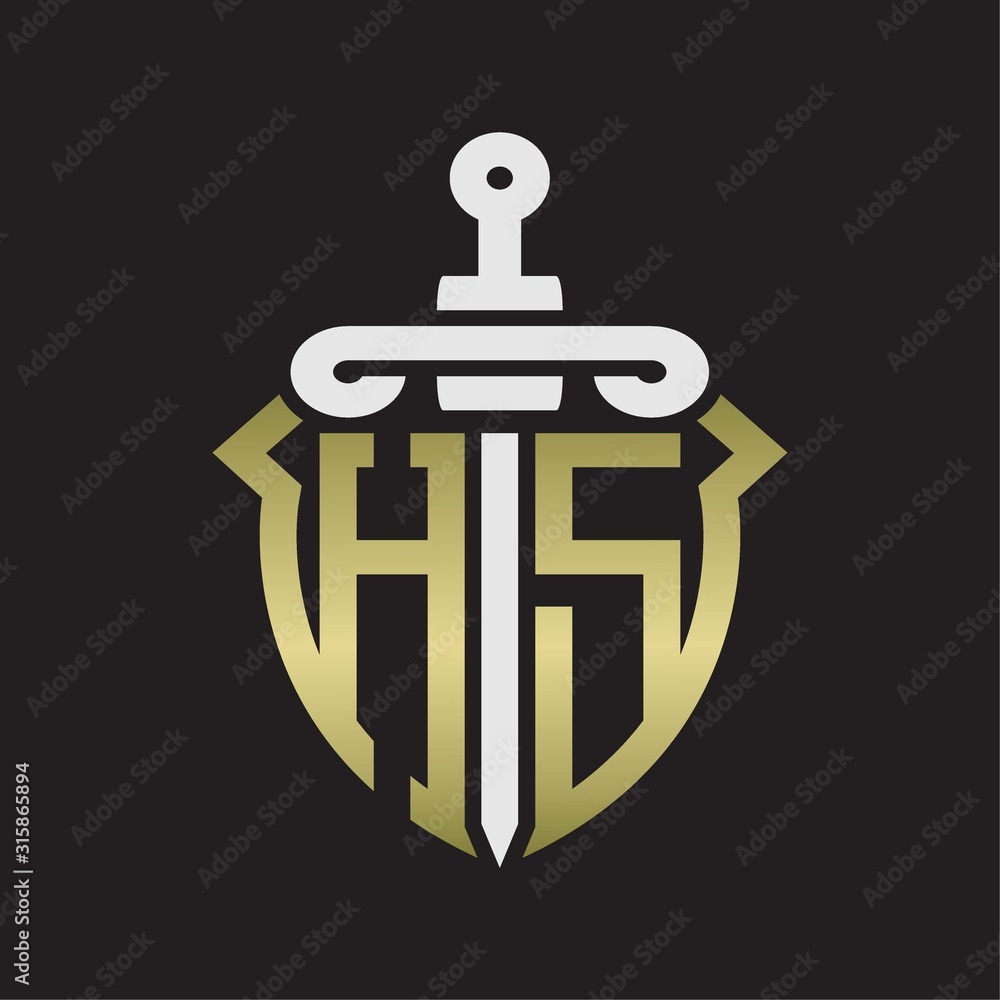 HS Logo monogram with sword and shield combination isolated with gold colors HS Logo monogram with sword and shield combination isolated with gold colors