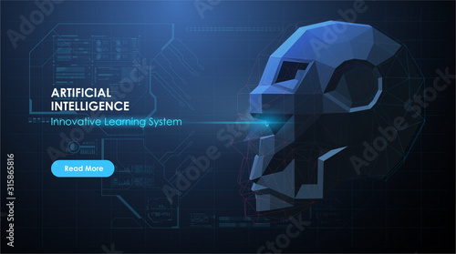 Artificial Intelligence AI, Future technology. Artificial intelligence or neural network concept. AI with robot face in abstract futuristic style.