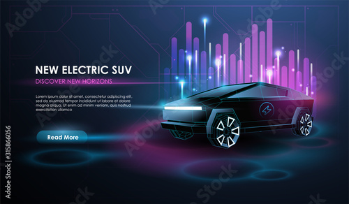 Abstract illustration of a smart or intelligent car. Electric car in low poly style design. CreativeFuturistic Neon Glowing Concept Car Silhouette.