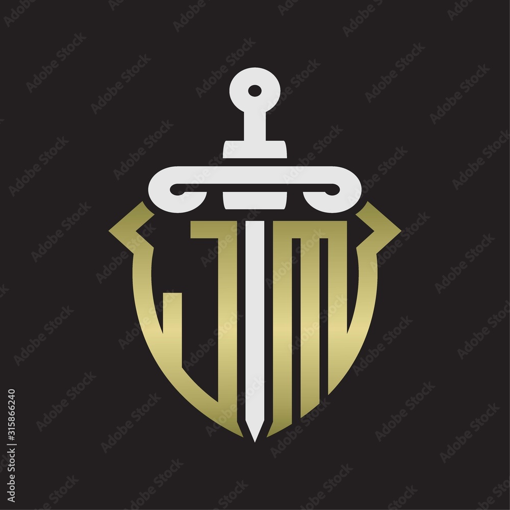 JM Logo monogram with sword and shield combination isolated with gold colors JM Logo monogram with sword and shield combination isolated with gold colors