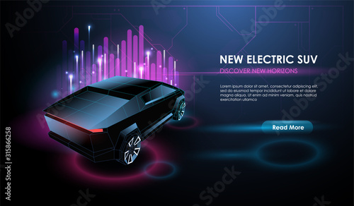Abstract illustration of a smart or intelligent car. Electric car in low poly style design. CreativeFuturistic Neon Glowing Concept Car Silhouette.