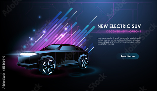 Abstract illustration of a smart or intelligent car. Electric car in low poly style design. CreativeFuturistic Neon Glowing Concept SUV Silhouette. photo