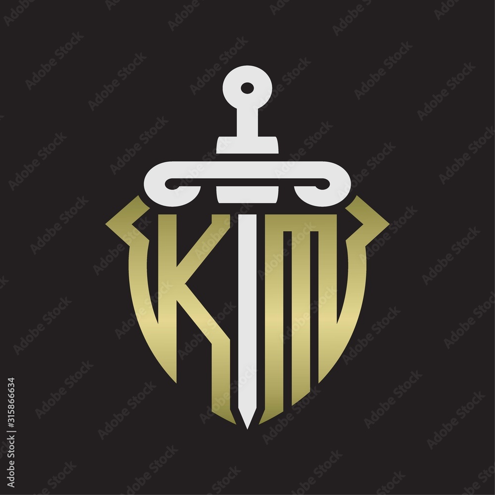 KM Logo monogram with sword and shield combination isolated with gold colors KM Logo monogram with sword and shield combination isolated with gold colors