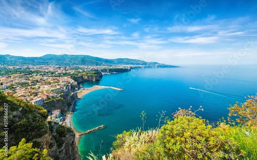 Aerial wide angle view of cliff coastline Sorrento and Gulf of Naples, Italy.