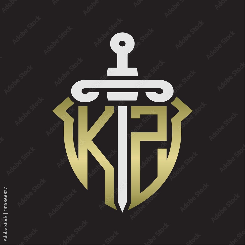 KZ Logo monogram with sword and shield combination isolated with gold colors KZ Logo monogram with sword and shield combination isolated with gold colors