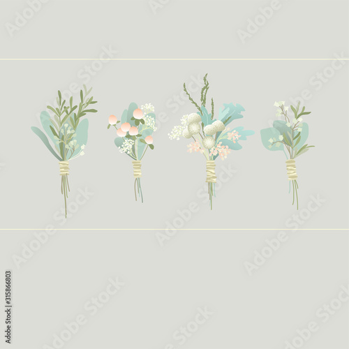Wedding boutonniere for the groom. Flowers for floristry. Bouquet with eucalyptus and hypericum berries. Delicate boutonnieres for the holiday.