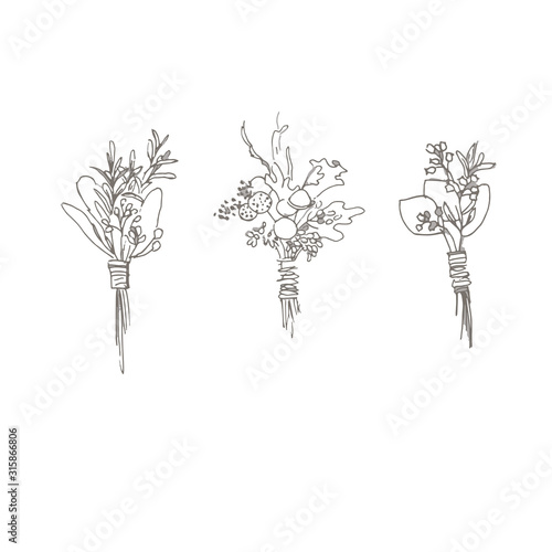 Wedding boutonniere for the groom. Flowers for floristry. Bouquet with eucalyptus and hypericum berries. Delicate boutonnieres for the holiday.
