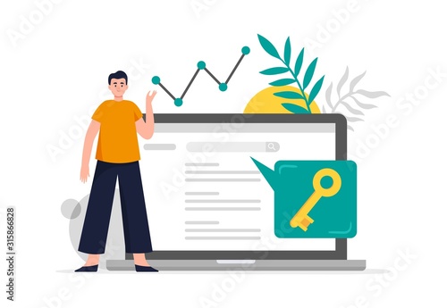 Search engine optimization concept. Man do keywords research to improve website page rank. Flat Vector illustration good for banners, ads, landing pages or other web promotion issue.