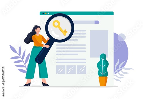 Cute search engine optimization concept. Girl do keywords research to improve website page rank. Flat Vector illustration good for banners, ads, landing pages or other web promotion issue.