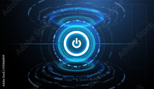 Hi-tech background with power button. Technological background. Vector illustration with futuristic HUD elements.