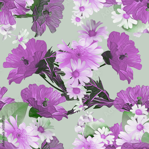 Poppies and chamomile seamless pattern.