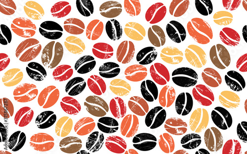  Colorful Coffee Beans on White Background. Vector Abstract Seamless  Pattern.