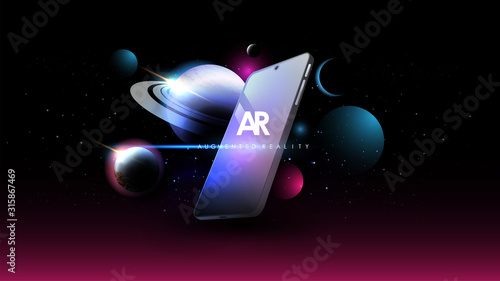 Augmented reality Creative banner. AR technology concept for web and app. Concept with Space background. Planet of solar system.
