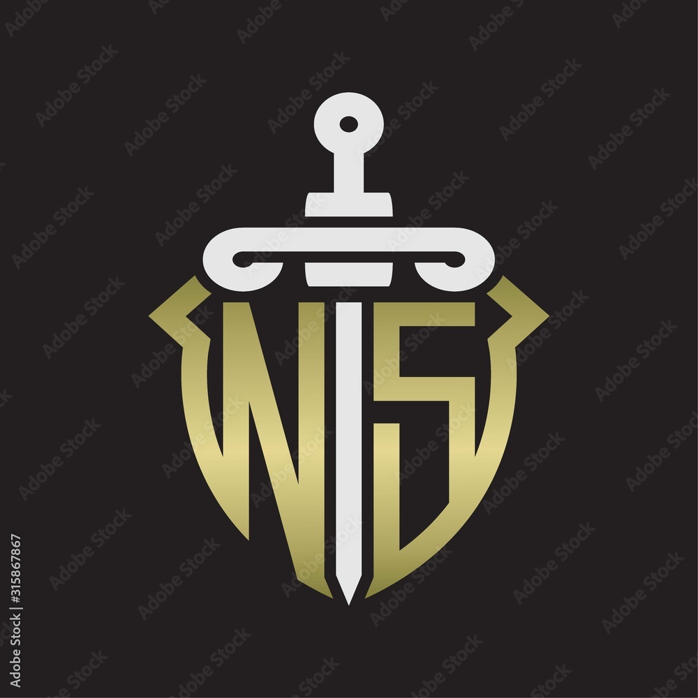 NS Logo monogram with sword and shield combination isolated with gold colors NS Logo monogram with sword and shield combination isolated with gold colors