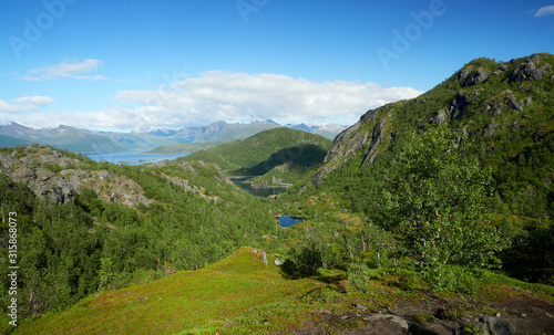 Scenic mountain view in mountainous summer terrain in northern Norway. Senja Island, Troms County - Norway. Beauty of nature concept background.