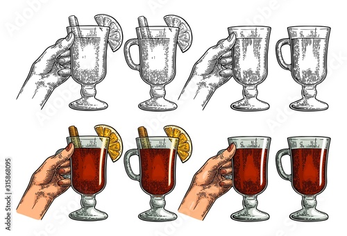 Female hand holding a glass of wine. Vintage vector engraving i