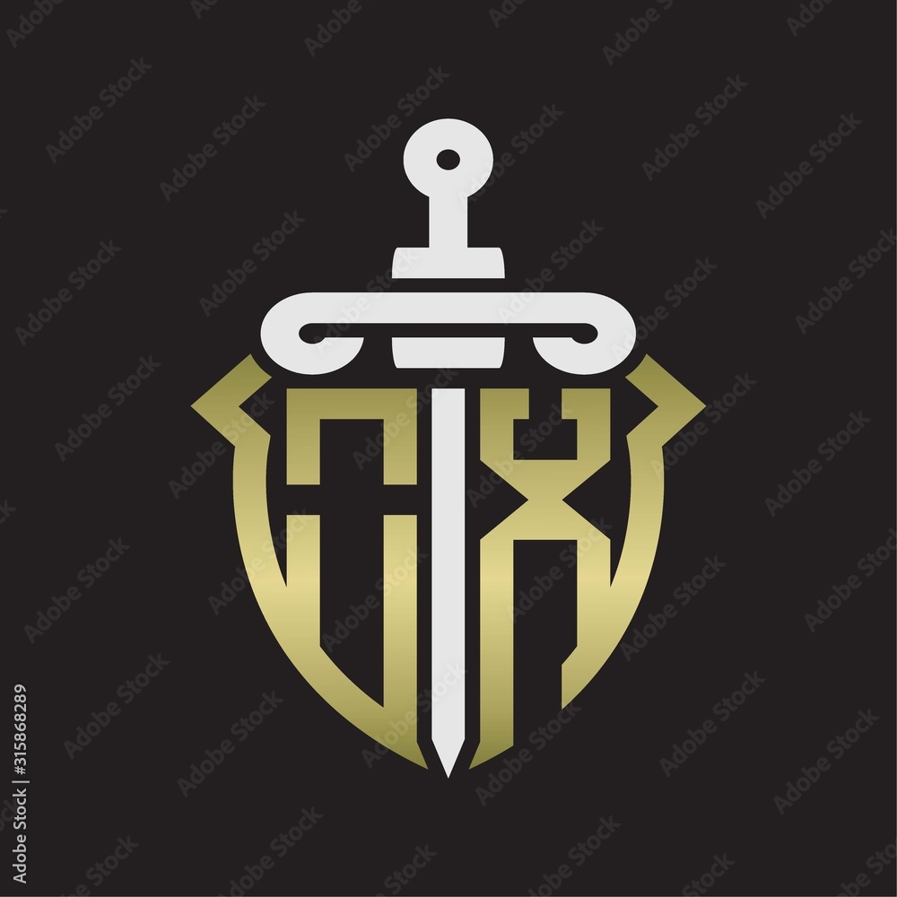 OX Logo monogram with sword and shield combination isolated with gold colors OX Logo monogram with sword and shield combination isolated with gold colors